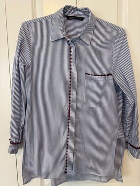 Zara Blue & White Striped Button-Down Shirt with Red Trim